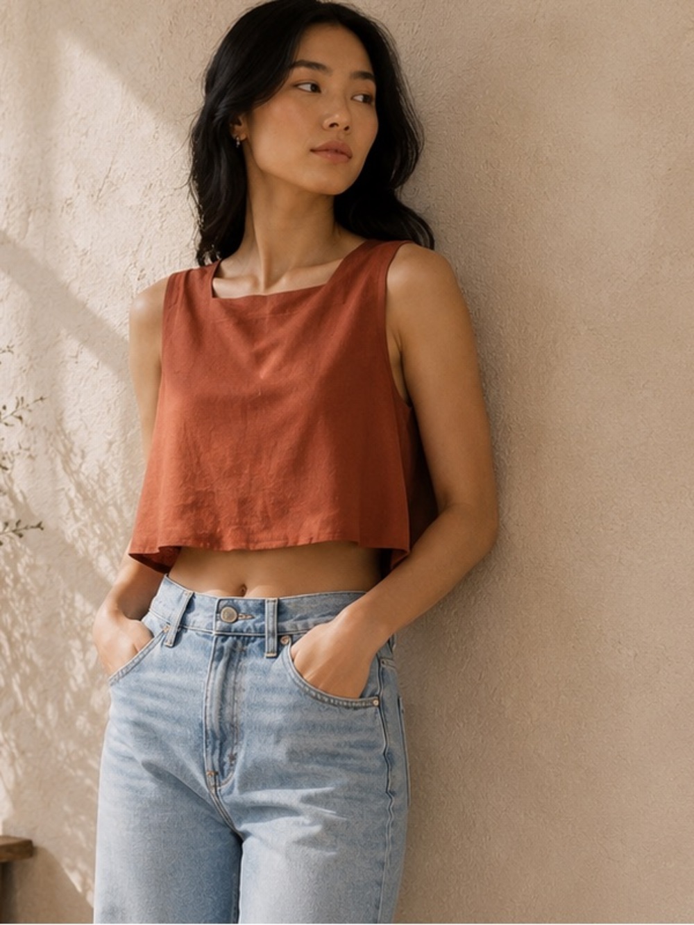 KOURT Willow Crop Linen Terracotta Square-Neck Tie back Crop Top